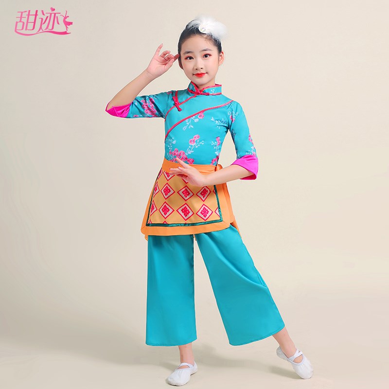 速发儿童秧歌演出服童花衣服村姑采茶斗笠舞采茶舞演出服装表演服