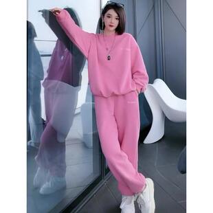 香港秋冬季新款温柔系运动粉色长袖加绒卫衣休闲套装女两件套欧货