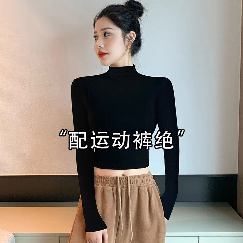 黑色半高领打底衫女装秋冬穿搭高腰短款露脐内搭长袖T恤辣妹上衣