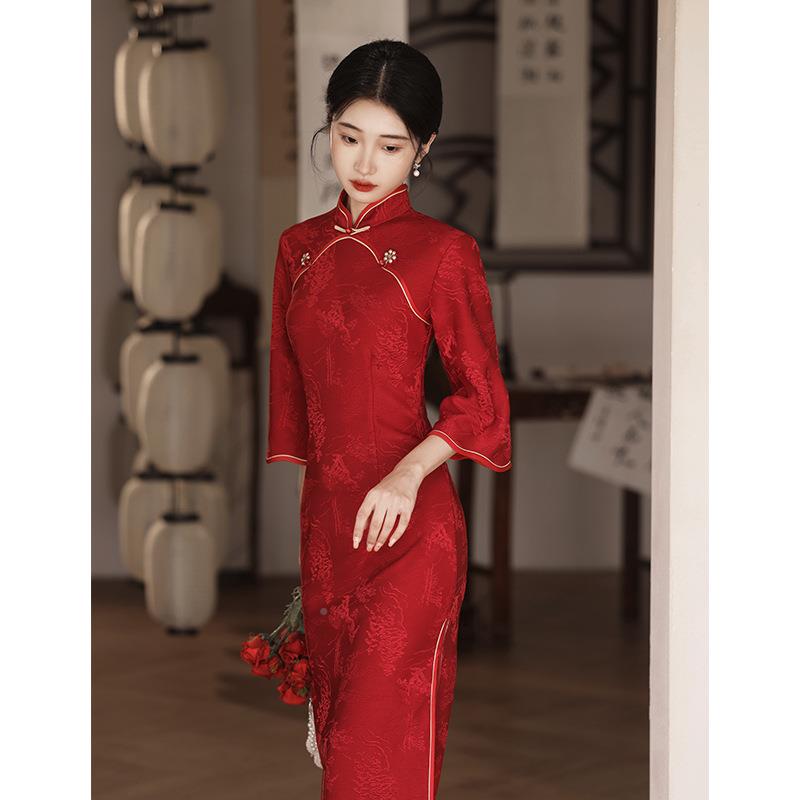 0红色新式旗2349袍敬中酒服新娘223新款款改良长袖结婚订婚礼服裙