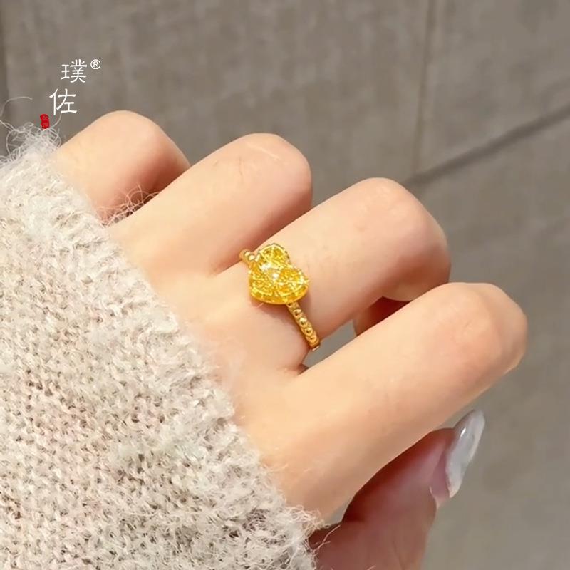 金店同款沙金爱心方糖戒指女新款爆闪花丝戒指精致指环送女友礼物
