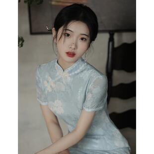 蓝色国风改良旗袍夏季新款日19912023年轻款气质端高新中短式袖常