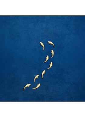 新中式正方形装饰画蓝色鱼图抽象极简客厅入户玄关背景墙壁挂画