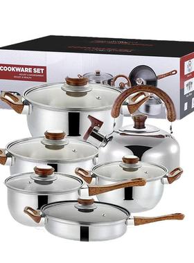 套锅不锈钢汤锅煎盘套装锅12/18PCS炊具套装锅MetalPotSet