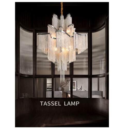 复式楼客厅大吊灯别墅后现代铝链流苏设计师挑空跃层大厅楼梯吊灯