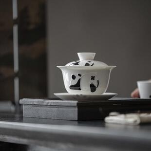 手绘熊猫盖碗单个可爱泡茶碗陶瓷不烫手三才盖碗功夫茶具