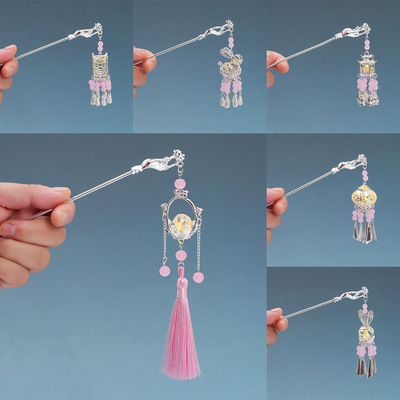 古风粉色系发光宫灯发簪女流苏灯