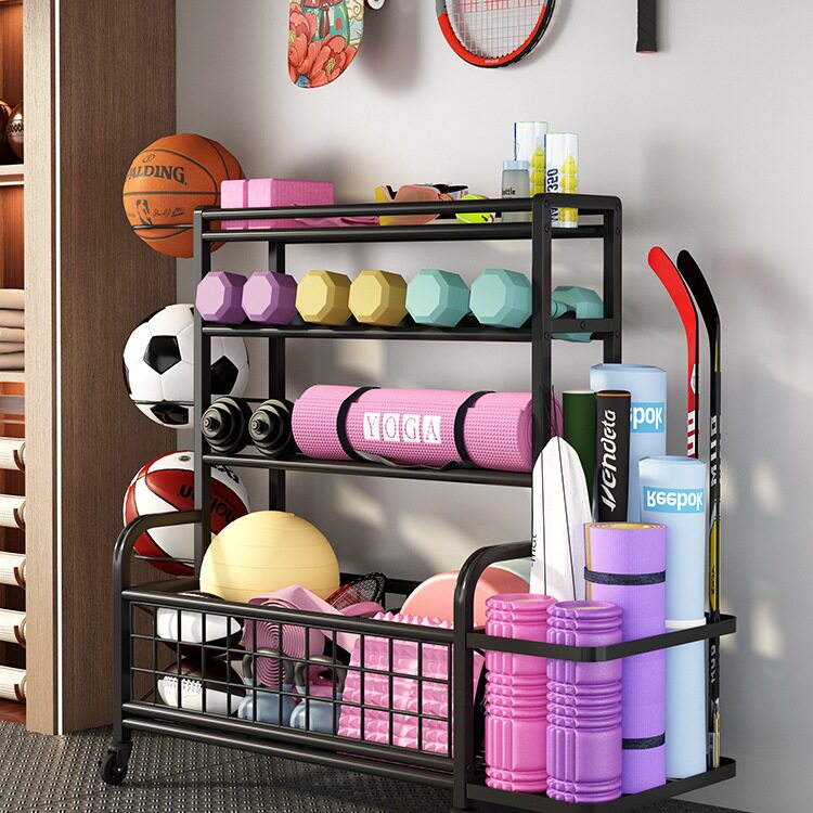 运动健身器材收纳架家用篮球架壶铃哑铃架泡沫轴瑜伽垫置物架带轮