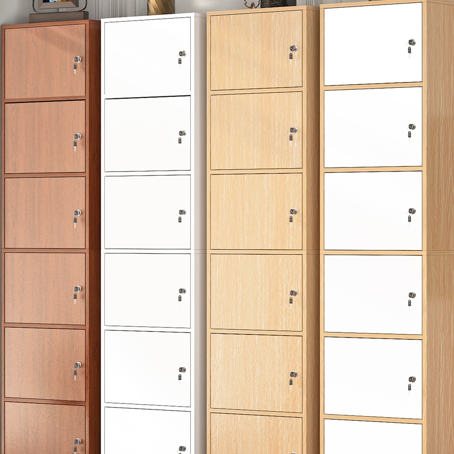 简易带锁书柜书架落地现代简约收纳柜实木色带门组合格子柜储物w&