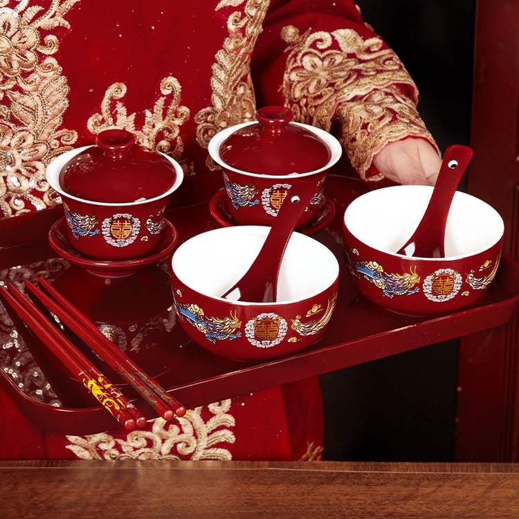 敬茶杯子喜碗结婚礼喜事红色改口盖碗茶具对碗筷套装陪嫁用品大全
