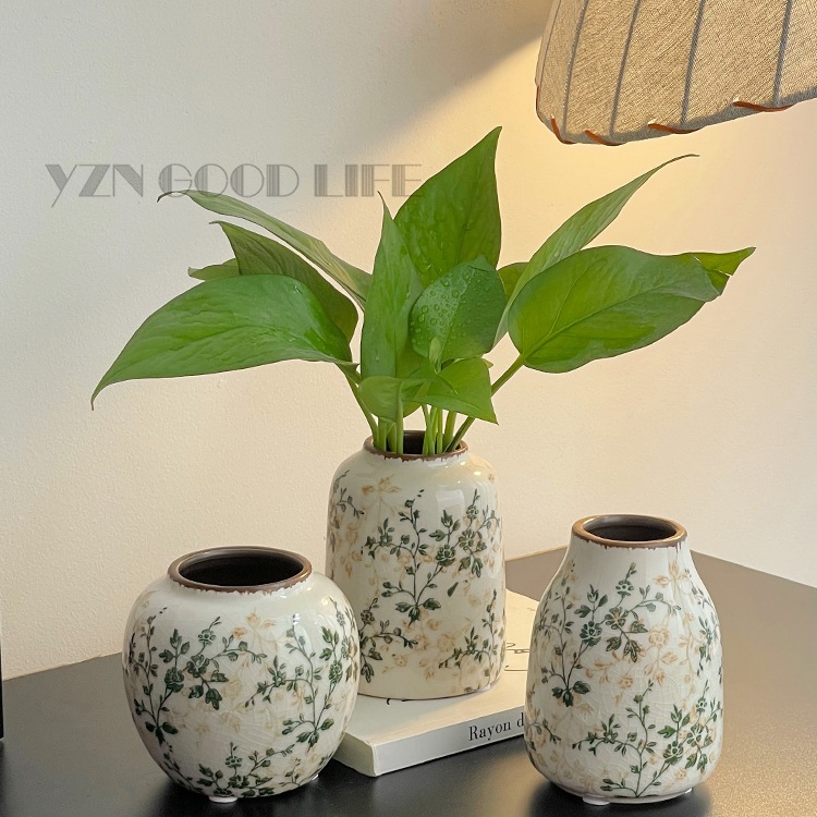 复古绿萝花瓶陶瓷小水养插花器客厅书房办公桌新中式禅意软装饰品