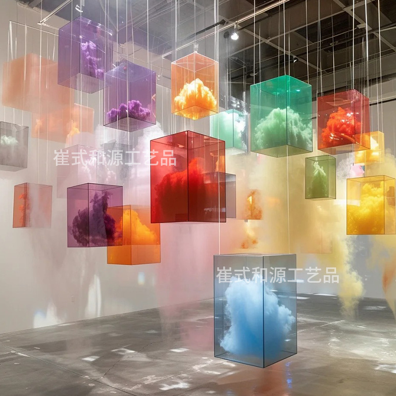 方形吊挂亚克力彩色半透明盒子装置艺术花店户外商业美陈展示