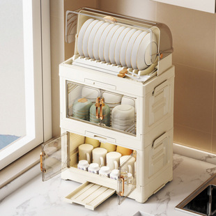 厨房碗筷收纳盒置物架带盖防尘大容量双层碗柜碗盘沥水餐具收纳柜