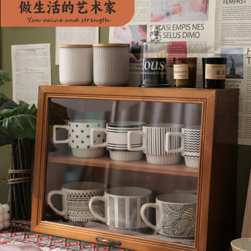 桌面咖啡杯子收纳盒马克杯茶具展示柜实木水杯化妆品复古木质直销
