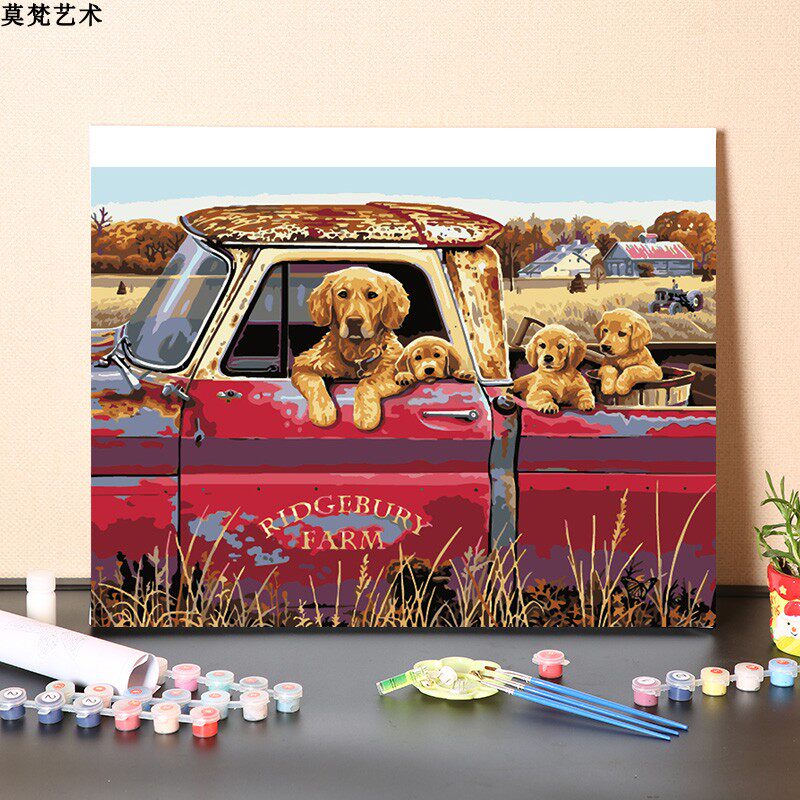 速发数字油画手工填温动物充顺金毛手狗犬绘涂色丙烯填色油彩画画