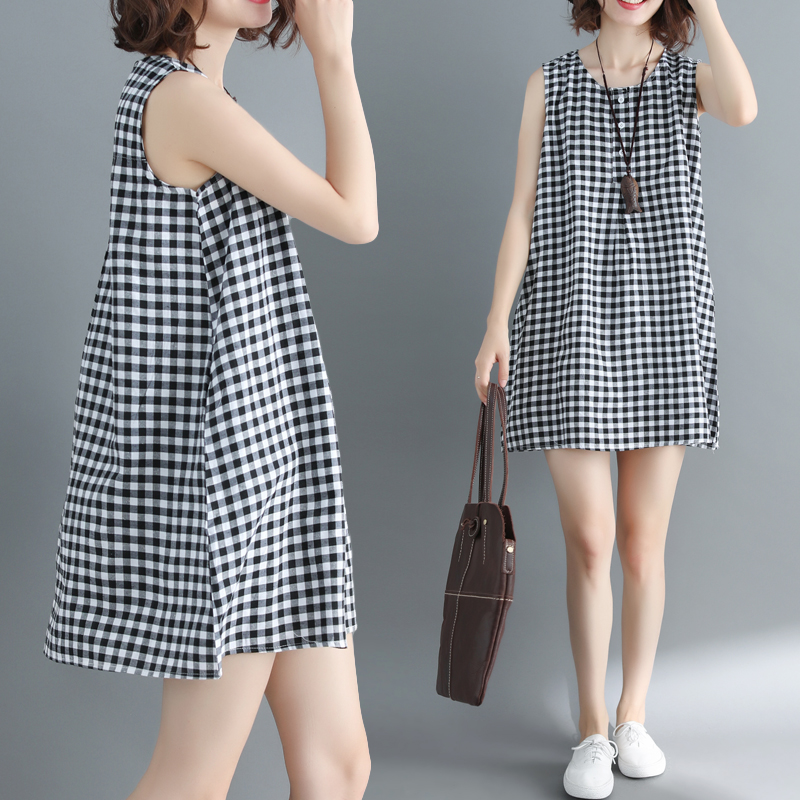 速发黑白格子无袖背心连衣裙夏2020新款宽艺大码文松学生韩版a字