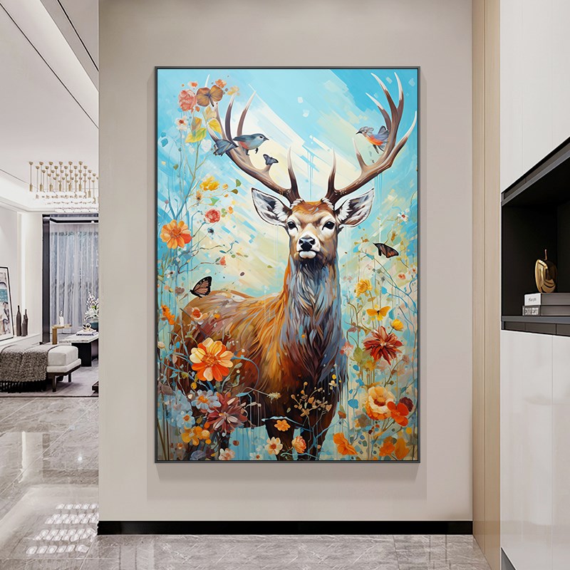 速发纯手绘动物鹿油画抽象厚肌理客厅装饰画美式立体玄关走廊过道图片