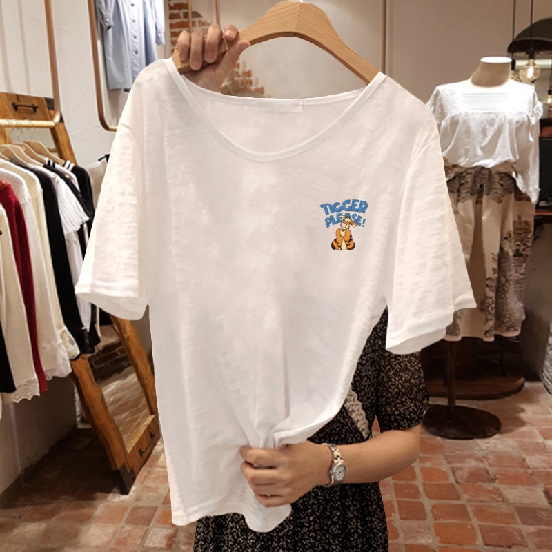 速发夏松纯棉竹节棉薄恤白色V领t款上衣宽季大领口打底