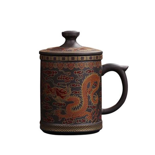 速发紫砂泡茶杯双龙茶带盖子茶杯功杯夫具陶瓷杯办公杯礼品杯大水
