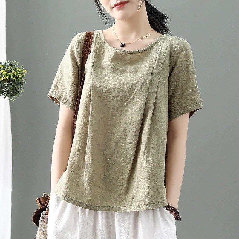 速发妈艺麻古纯色棉麻T恤夏宽松休闲文妈圆领套头小衫亚复上衣