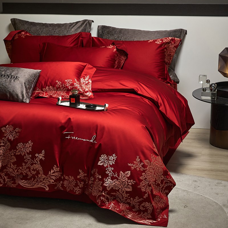 速发s端长绒棉结婚庆四件套支棉 100高全刺绣红色新婚嫁