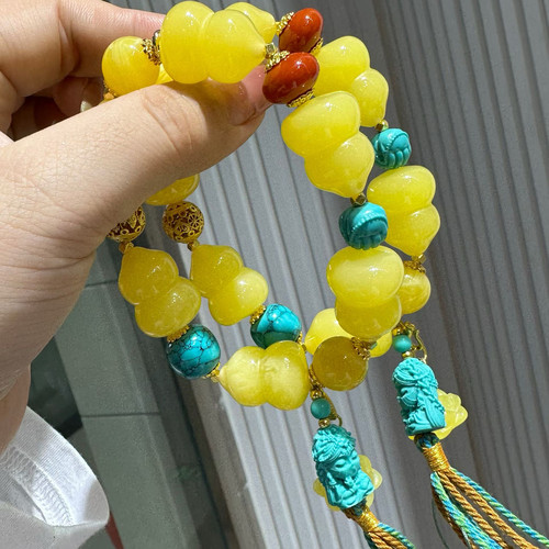 蜜蜡葫芦手链长命富贵绿松度母手串女款高颜值鸡油黄琥珀民族风