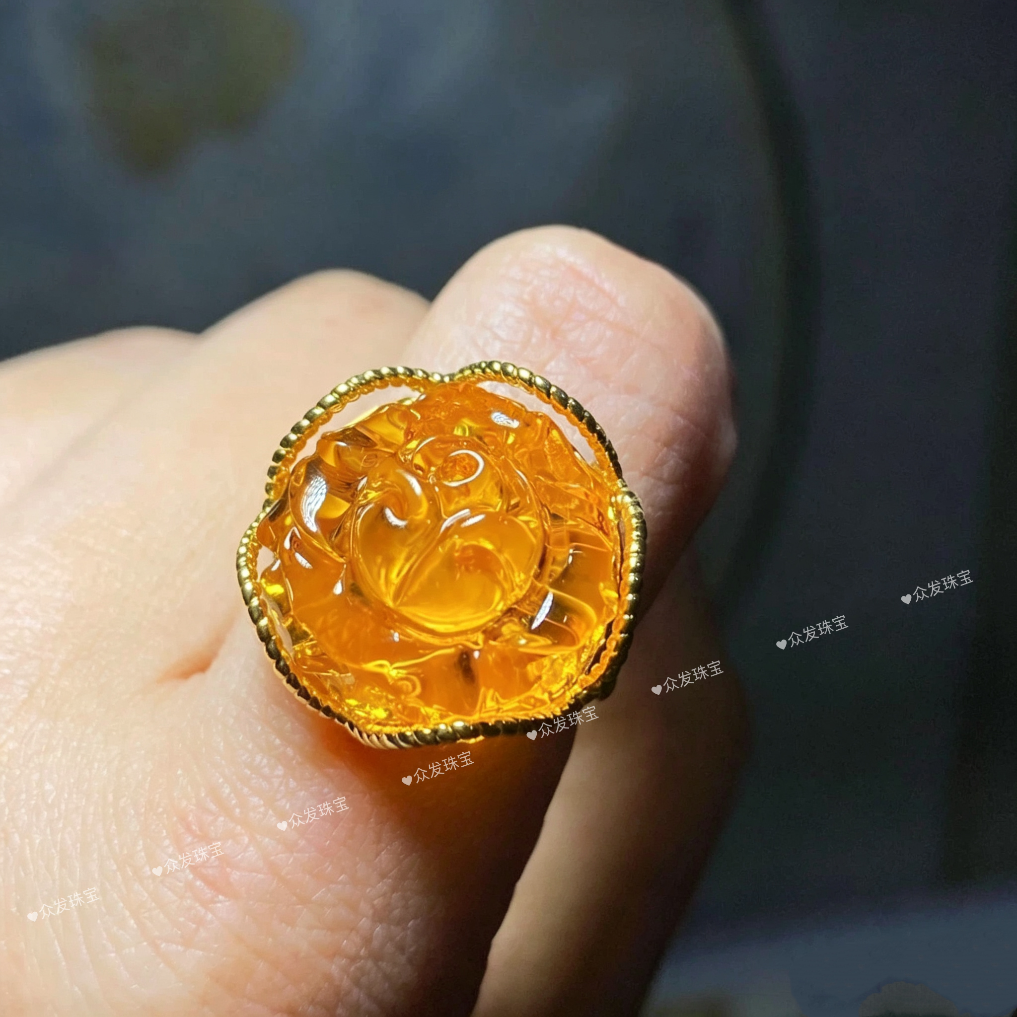 天然金珀新款琥珀蜜蜡活口戒指金珀戒指玫瑰花女士个性指环高级