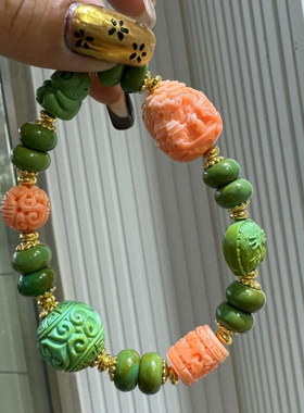 新款绿松石回纹珠雕刻多宝原创设计手链有机宝石山水男女款手链