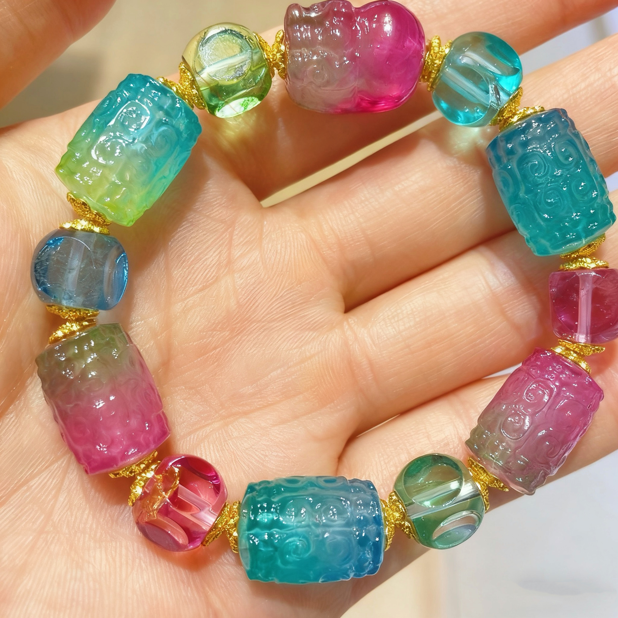 原创巴西帕拉伊巴蓝碧玺回纹珠多宝桶珠西瓜糖果色碧玺雕刻手链