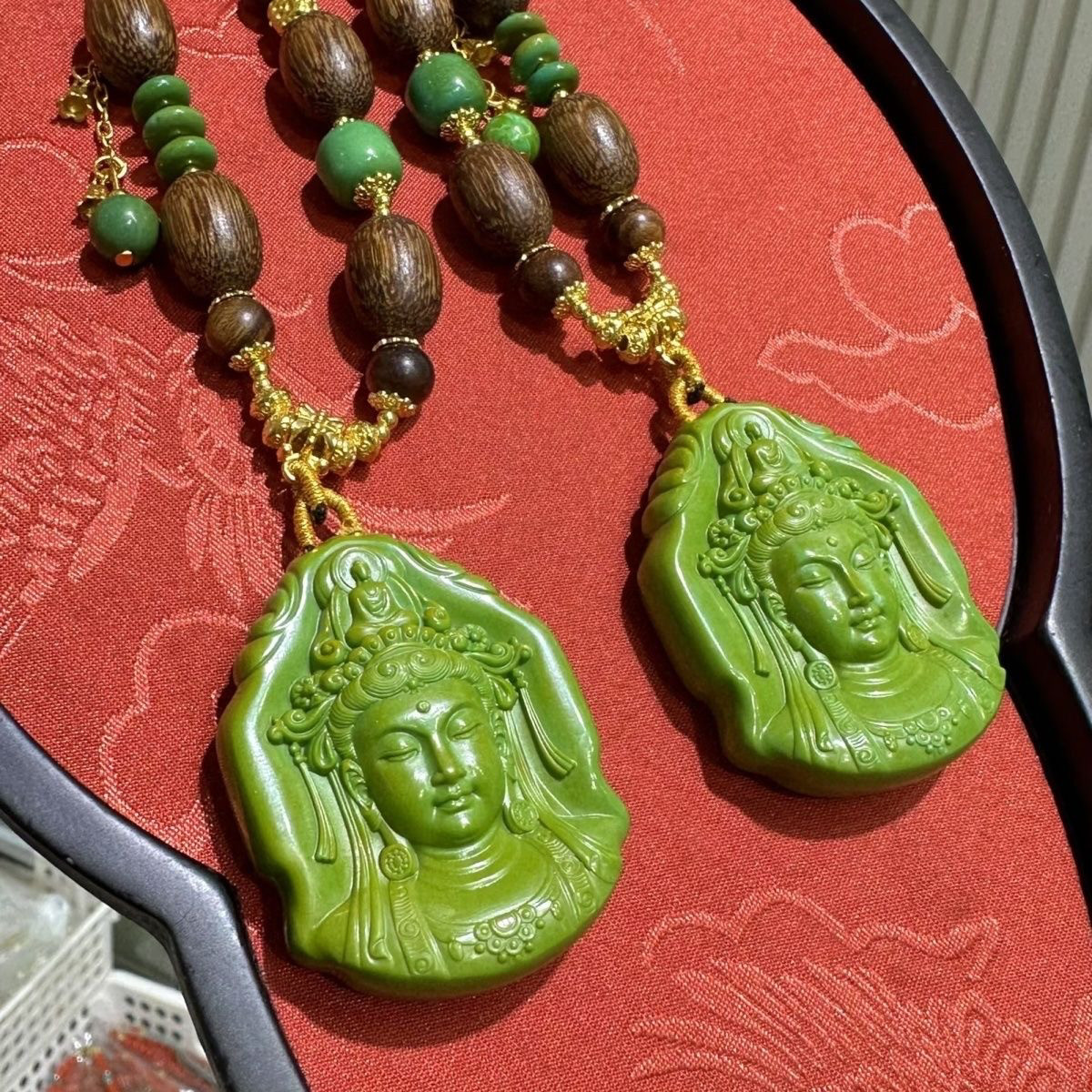 湖北原矿绿松石观音牌吊坠沉香木项链毛衣链中国风男女饰品藏族风