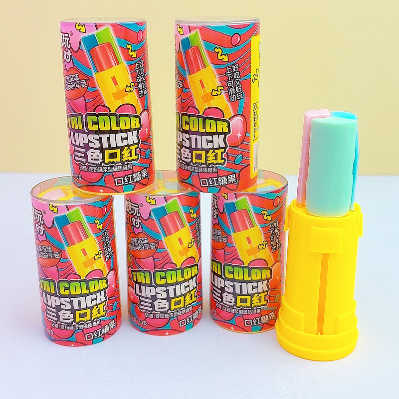 三色口红糖混合水果味硬质糖果旋转推动出糖儿童零食玩具糖果批发