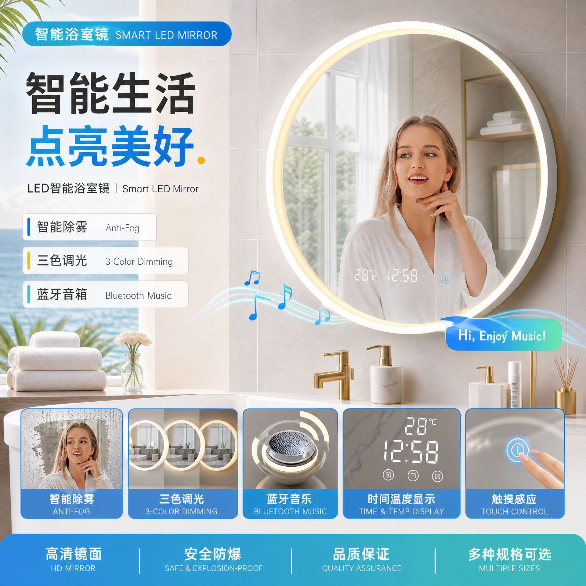 亚克力圆形智能浴室镜卫生间挂墙式led灯触摸感应除雾发光壁挂镜