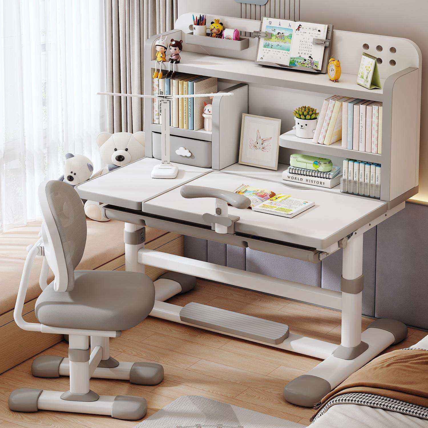 儿童学习桌家用书桌小学生写字桌一体书柜桌子椅子可升降课桌套装