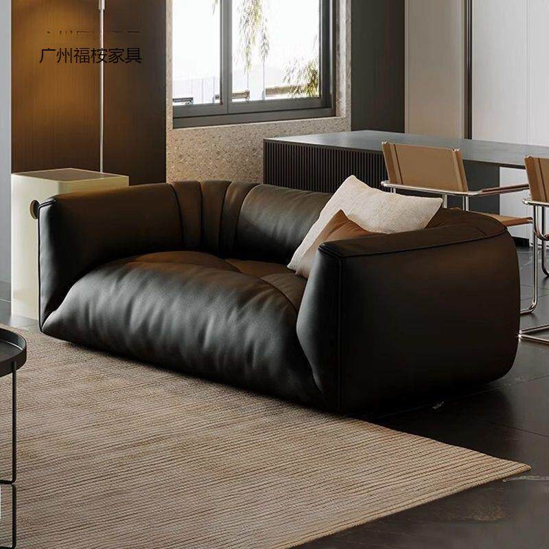 意式极简真皮泡芙沙发家用小户型客厅高档复古舒适直排黑色皮沙发