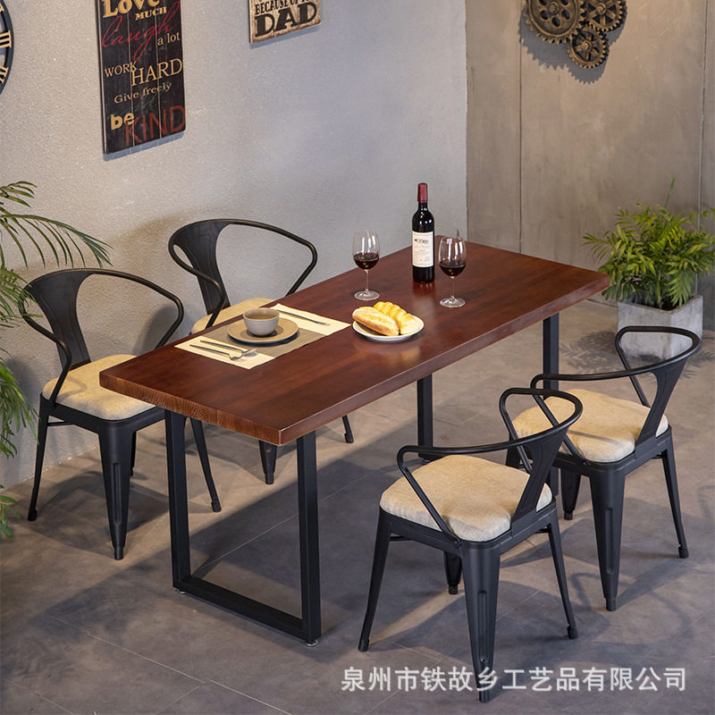 美式loft实木餐桌复古火锅烧烤店成套餐桌椅小户型长方形桌子批发