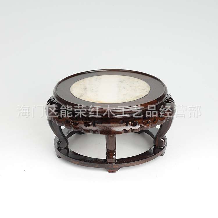 黑檀嵌大理石圆底座实木中式工艺品摆件奇石头花瓶底座木质托架