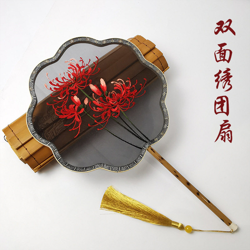 高档苏绣双面绣湘妃竹宫扇成品