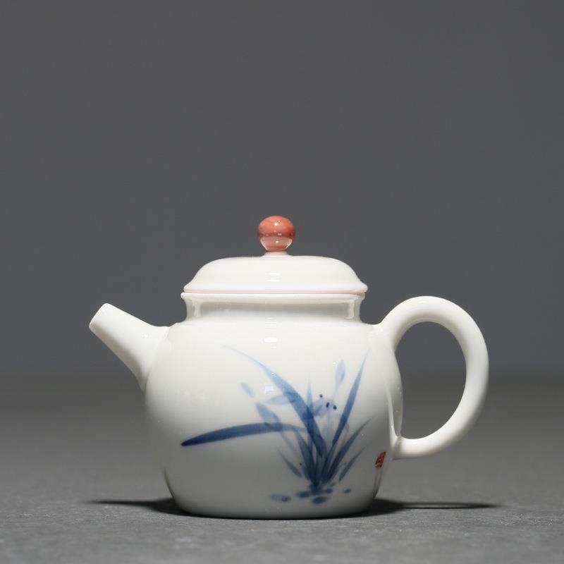手绘白瓷茶壶釉下彩青花兰花家用泡茶壶家用陶瓷小壶单壶