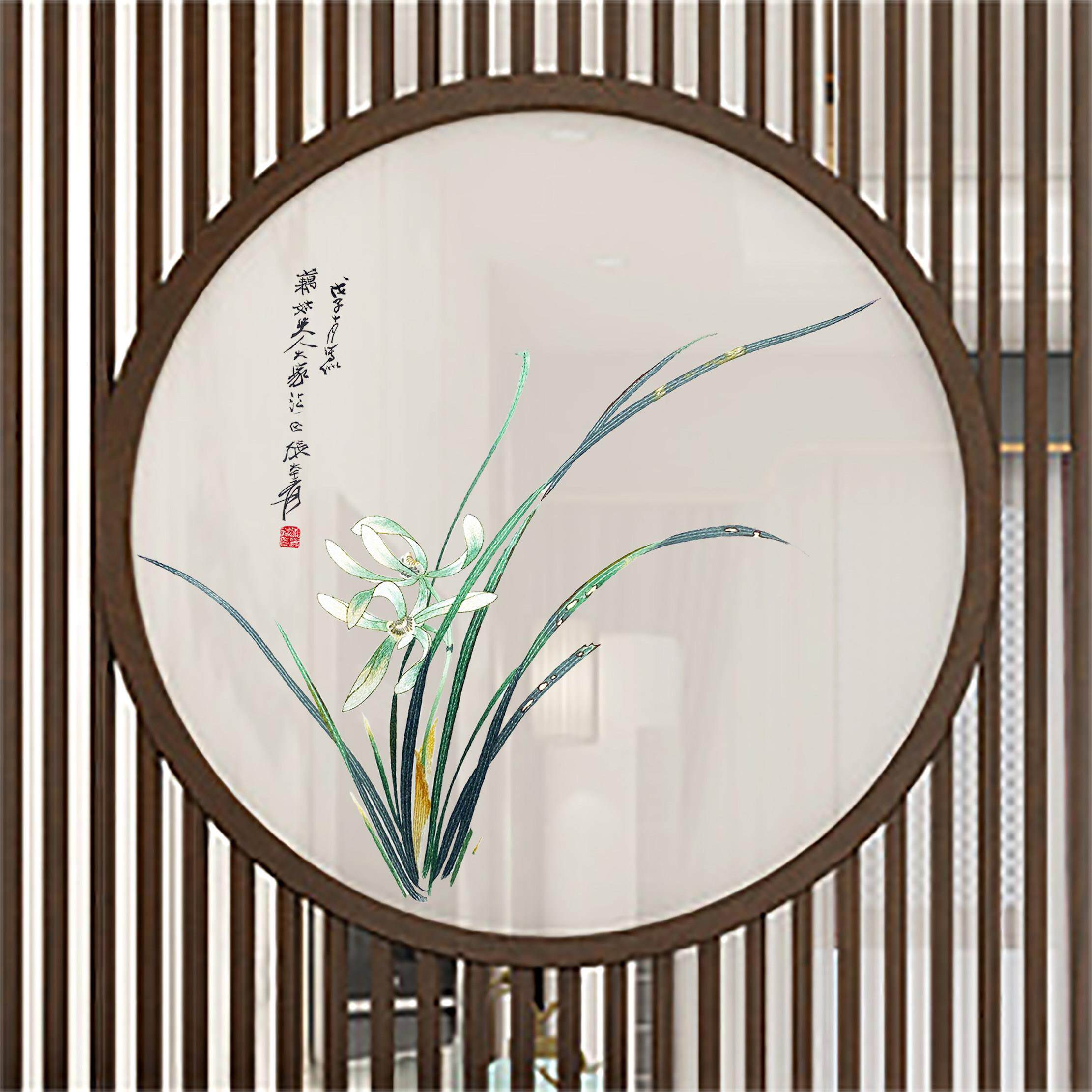 新中式双面LH002圆绣花花鸟形画芯屏风隔兰断店餐酒厅玄关装饰挂