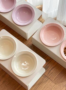 陶瓷斜口双碗草飞碟帽宠物颈猫咪碗高脚护椎防翻饮水NYU打粮食猫