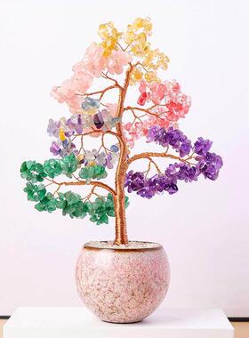 天水晶彩色碎石钱树工编织TEQ水晶钱手树办公室然面桌装饰饰品