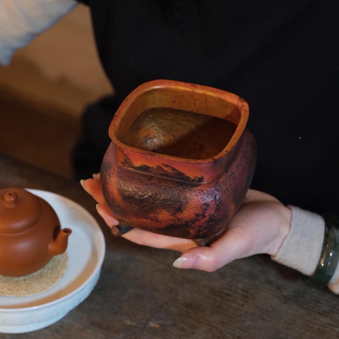 慕古 | 四手方圆鼎铜洗建水 全锻打工紫铜中式四足鼎茶水盂茶渣缸
