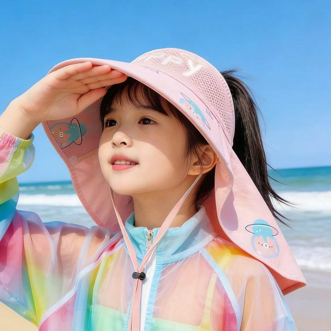 儿童防晒帽夏季女孩大檐渔夫帽户外带披肩遮阳宝宝帽子女童太阳帽