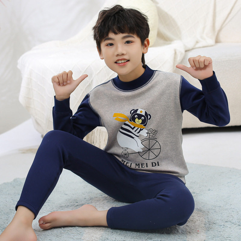 青少年加绒加厚秋冬保暖内衣套装冬季男童装中领秋衣秋裤家居服