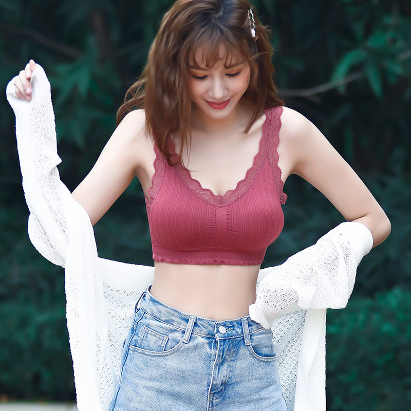 新款V领蕾丝美背裹胸无钢圈性感抹胸内衣防走光运动打底背心
