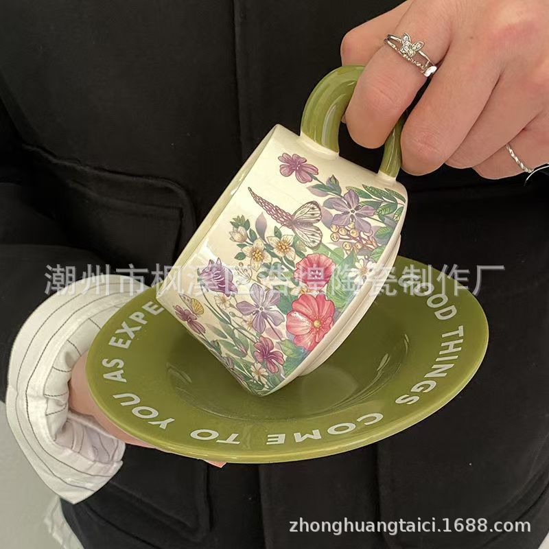 复古美式陶瓷杯碟中古风油画绿铃兰花咖啡杯碟赫本风下午茶马克杯