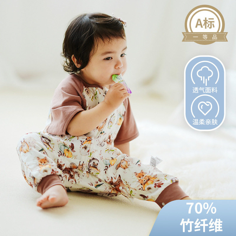 ins竹棉纱布前四后二护肚短袖儿童宝宝婴儿睡袋空调房夏季分腿睡