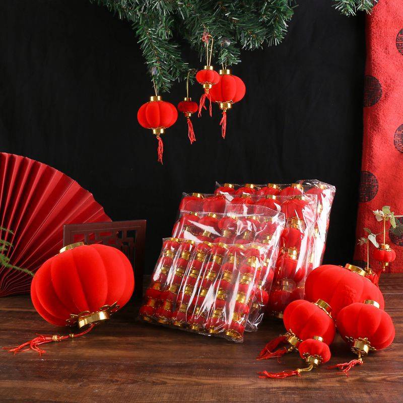 室内装饰大红植绒小红灯笼盆景挂饰塑料小灯笼串新年挂饰