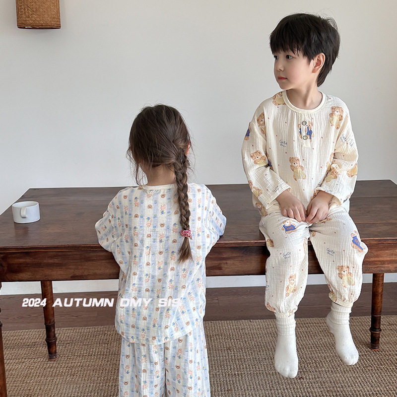 MYSIS秋装儿童纱布内衣内裤套装宝宝全棉纯棉家居服睡衣秋衣秋裤