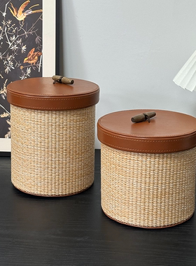 中古藤编桌面收纳盒带盖茶几零食小杂物整理盒家用床头圆形储物盒